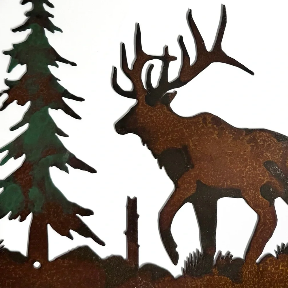 Rustic Elk Metal Wall Art with Trees and Mountains Rust-Finished